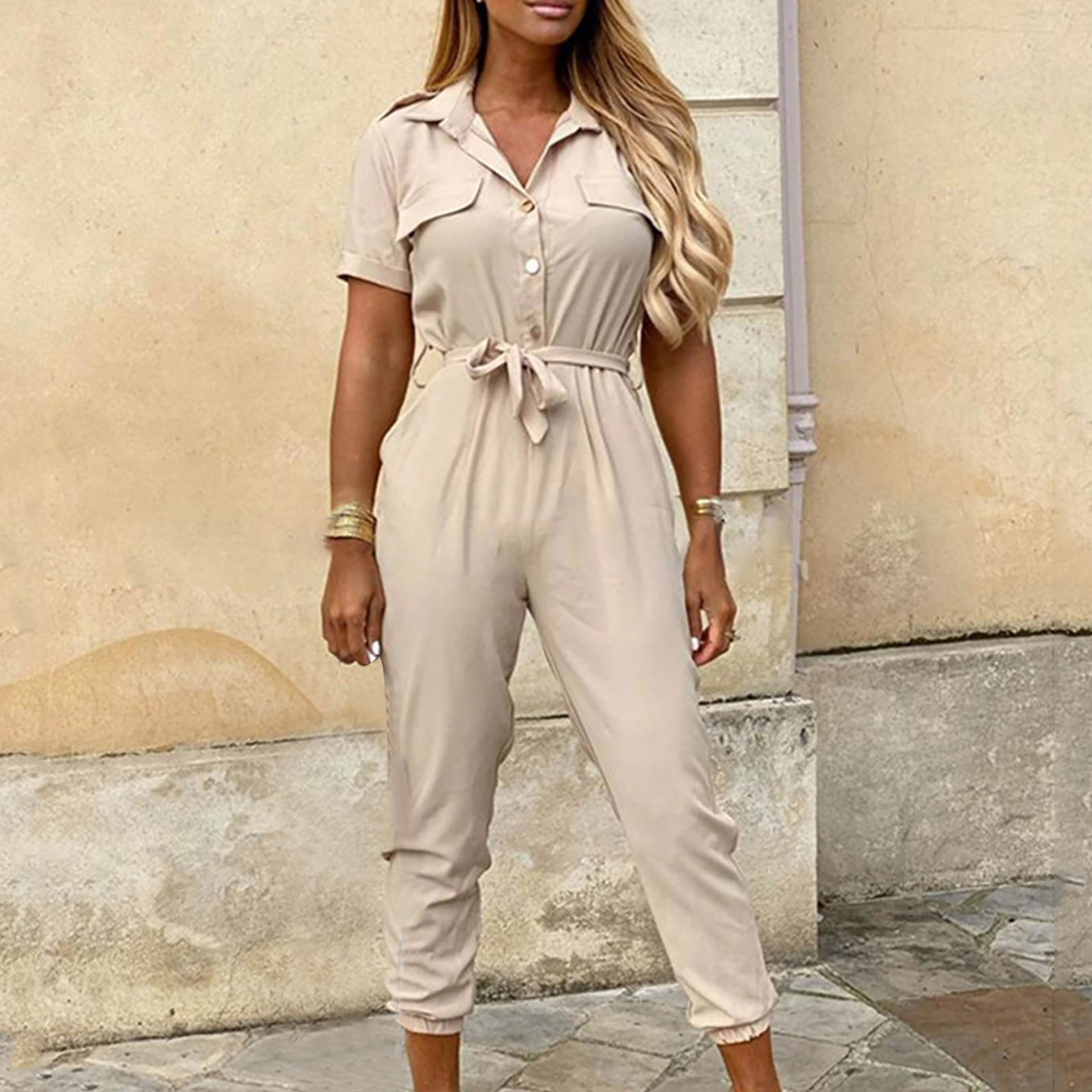 SELONE Wide Leg Jumpsuits for Women With Sleeves Short Sleeve Trendy Casual with Belted Long Pant Fashion Solid Color Lapel Belt Overalls for Everyday Wear Running Errands Work Casual Event Beige M